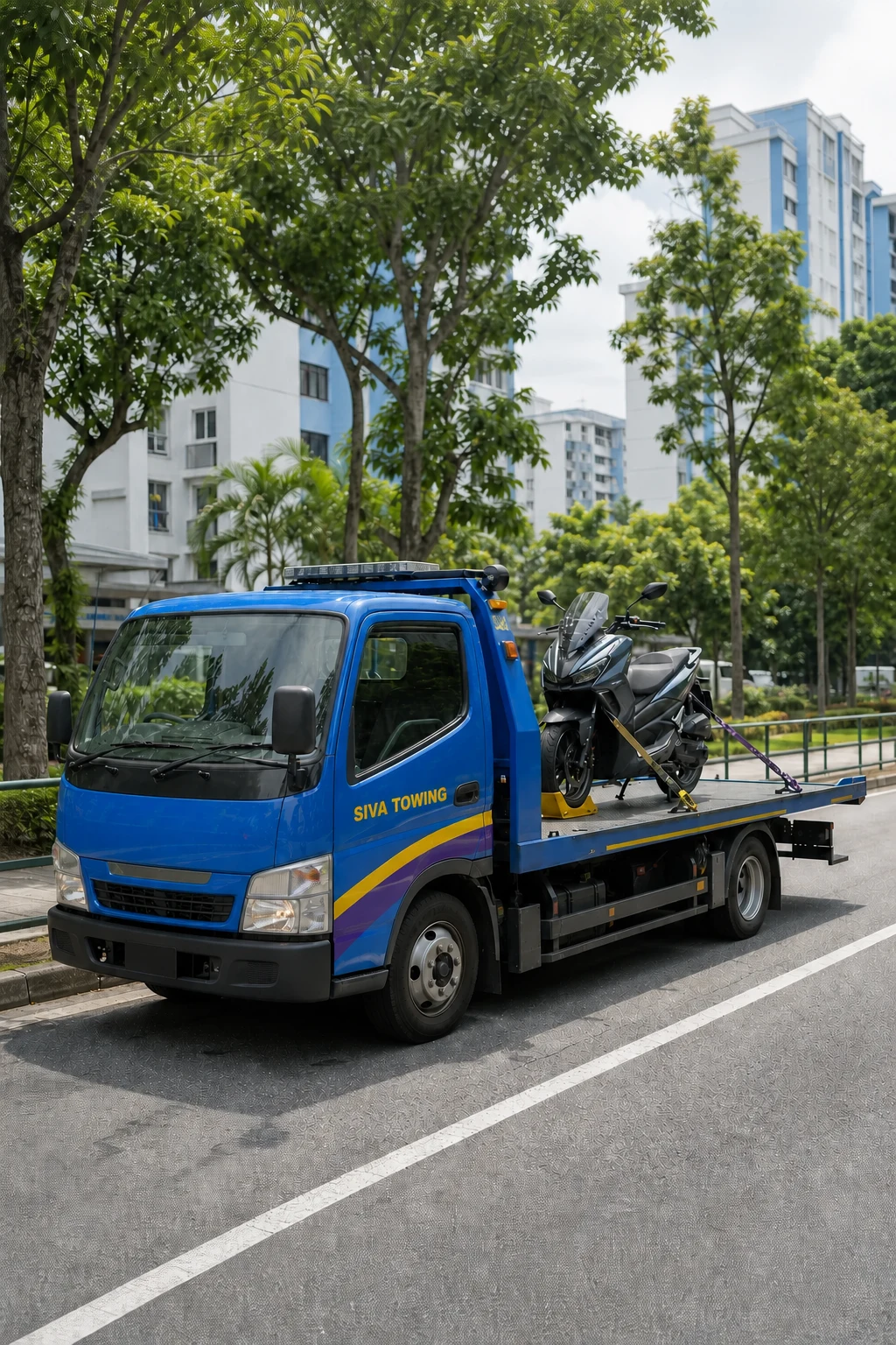 Blue motorcycle recovery lorry transporting a secured motorcycle on a Singapore road
