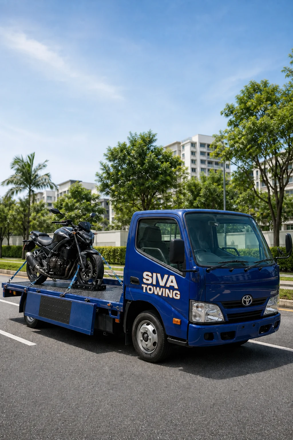 Blue motorcycle recovery lorry transporting a secured motorcycle on a Singapore road